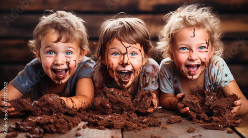 white children eating a cake covered in chocolate