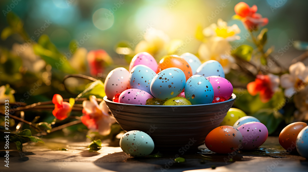 template of painted easter eggs in a basket with copy space template of painted easter eggs in a basket with copy space