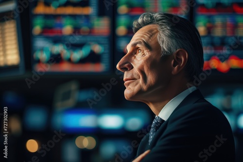 Portrait professional middle aged businessman in suit in stock market 