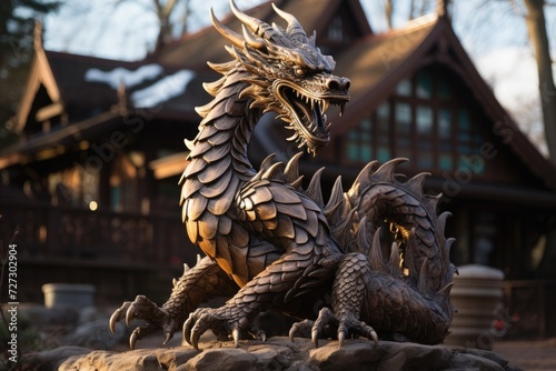 Scandinavian dragon statue positioned outside a rustic wooden structure