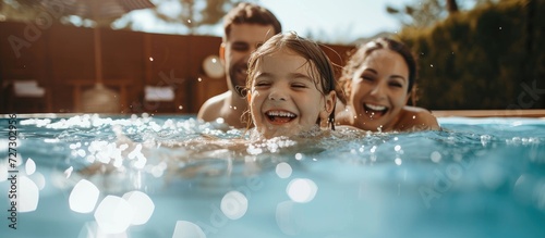 Small family with young daughter playing in outdoor backyard swimming pool. photo