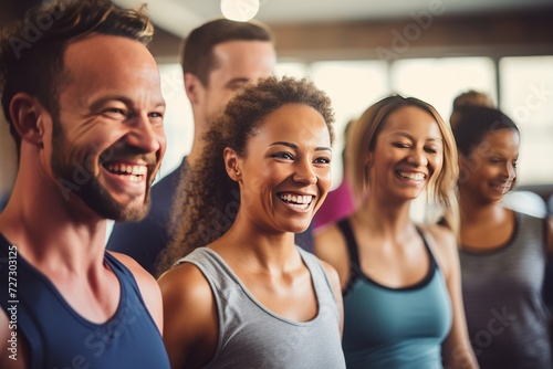 group of friends in sportswear laughing together while standing arm in arm in a gym 
