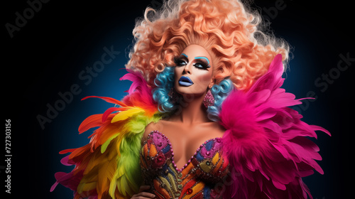 Portrait of a glamorous drag queen with colorfull feathers and captivating makeup