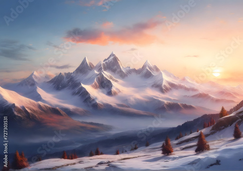 Beautiful mountain landscape, snowy peaks at sunset, mountains at sunrise