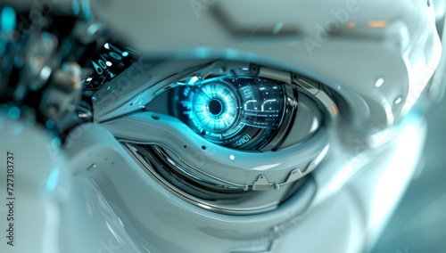 A gleaming silver robot eye stares back, its reflection capturing the sleek lines of a nearby car