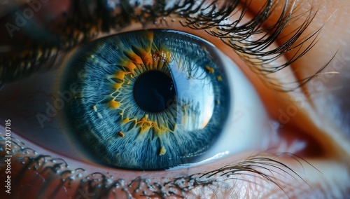 The intricate details of a deep blue iris reveal the inner workings of a delicate organ, framed by fluttering eyelashes and crisscrossing blood vessels, while the dilated pupil reflects a sense of wo photo