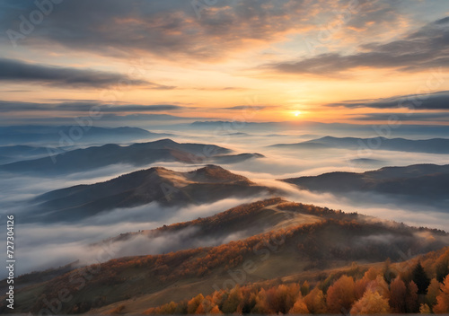 Mountains in fog at beautiful sunset in autumn Landscape mountain valley  low clouds  trees on hills  purple sky with clouds at dusk. Aerial view.