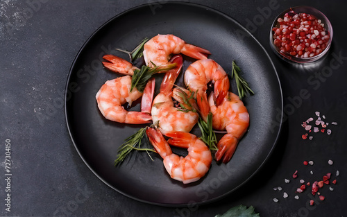 Sea food, cooking shrimp with herbs, on a dark background, horizontal photo, healthy and wholesome food