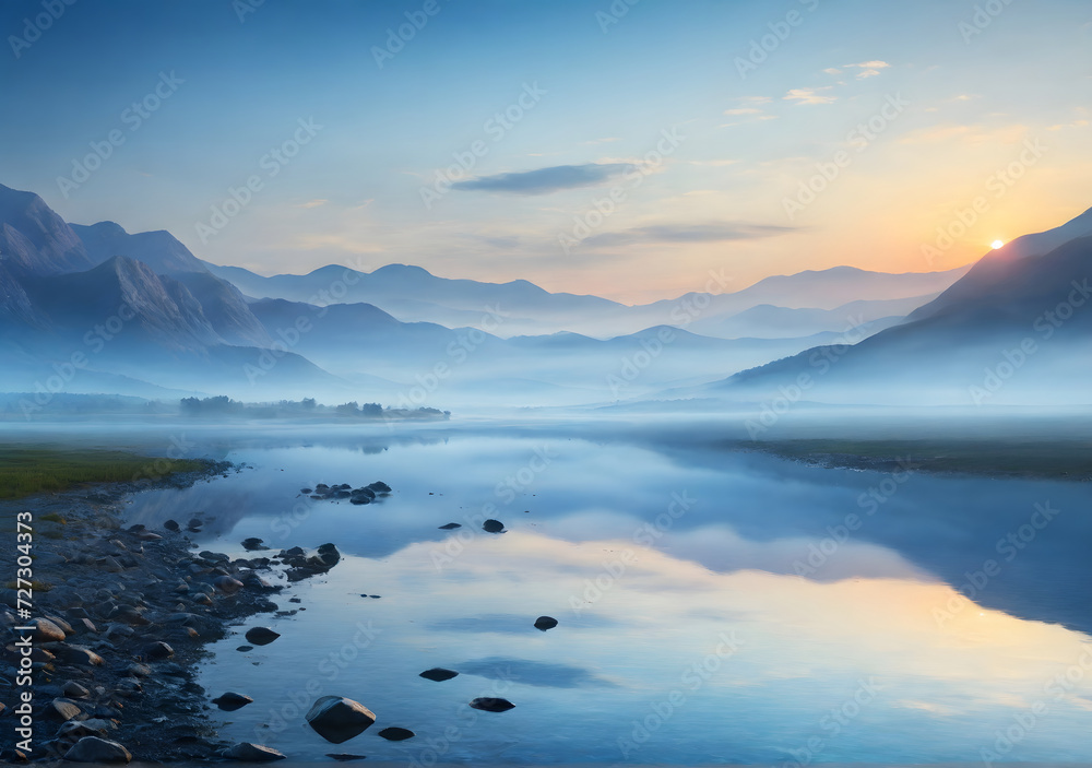 Landscape with blue misty mountains reflecting in water on sunrise background