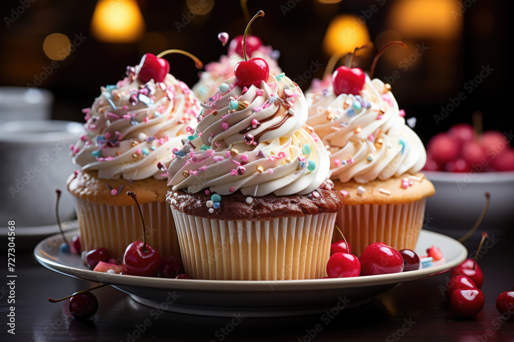 An image of Plate of delicious cupcakes with blue or red berries, raspberries and mint Generative AI