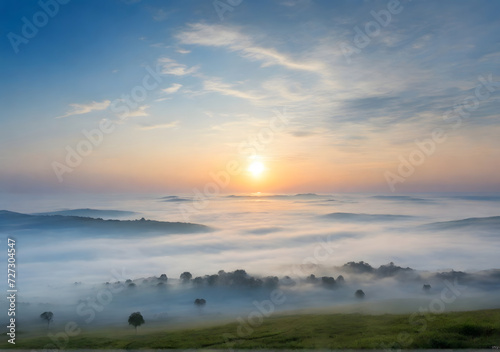 Beautiful Misty Morning with Beautiful Sunrise which clear blue sky in morning