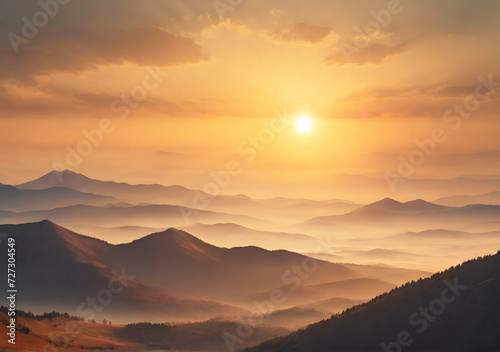 Mountain, landscape, Sun glow and lust sunlight in evening hazy sky. Mountain peaceful view. Climate, environment and travel concept scene