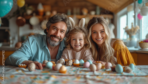 Happy smiling family at table with Easter eggs. Festive clothes with decorative bunny ears create cozy Easter atmosphere