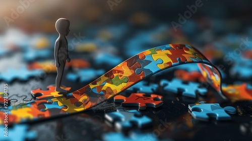 Kid with ribbon for World Autism Spectrum Disorder Awareness Day typically features a colorful puzzle pattern, symbolizing the complexity and diversity of individuals on the autism spectrum photo