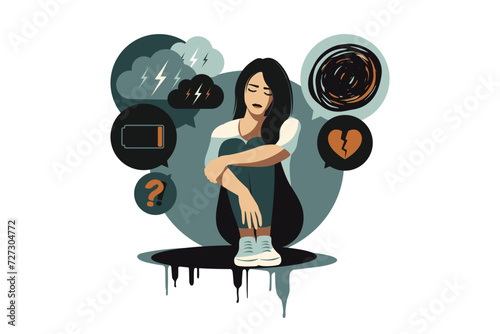 Depressed sad woman thinking over problems. Bankruptcy, loss, crisis, burnout syndrome, relationship trouble concept. Vector illustration. Flat.