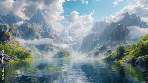 3d wallpaper landscape is hyper-realistic, photorealistic, and cinematic. water, mountains, sky clouds, and herbs