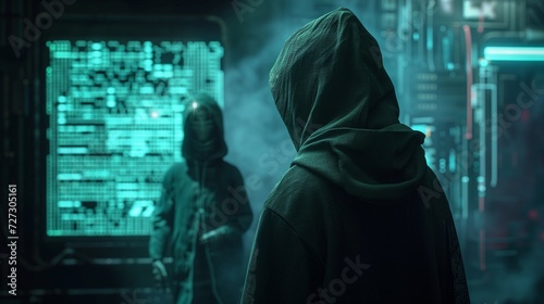 Faceless hacker in a hoodie facing off against a cyber defender in a virtual arena, portraying the ongoing battle between cybersecurity professionals and cyber threats