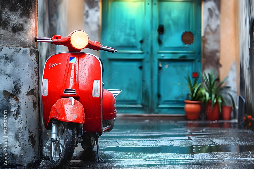 red vespa at the turquoise wooden door