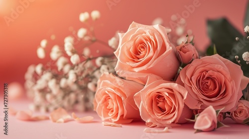 Peach roses bouquet on pink background. Elegant peach roses with green leaves and white babys breath flowers. Ideal for special occasions.