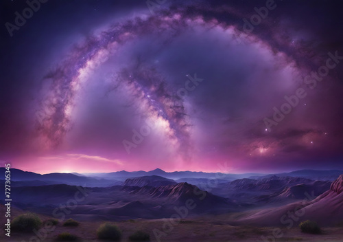 Milky Way arch. Fantastic night landscape with bright arched milky way  purple sky with stars  pink light and hills. Beautiful scene with universe. Space background with starry sky. Galaxy and nature