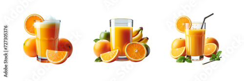 Set of Glass of fresh orange juice, isolated over on transparent white background