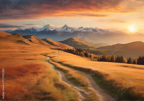 Mountain autumn landscape. Grassy road to the mountains hills during sunset. Nature background