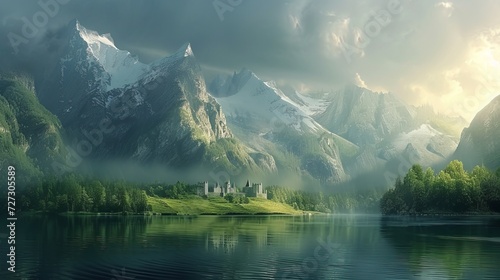 Fantasy medieval fantastic background with mountains and lakes