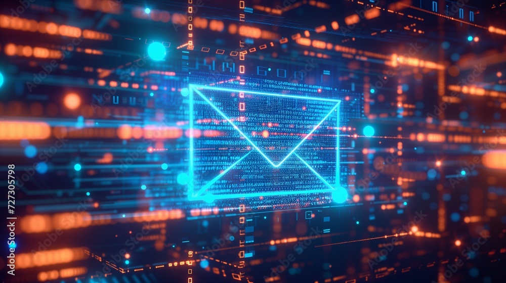 Email enveloped in layers of digital encryption, secure transmission of sensitive information with intricate digital patterns and symbols representing encryption algorithms and security protocols