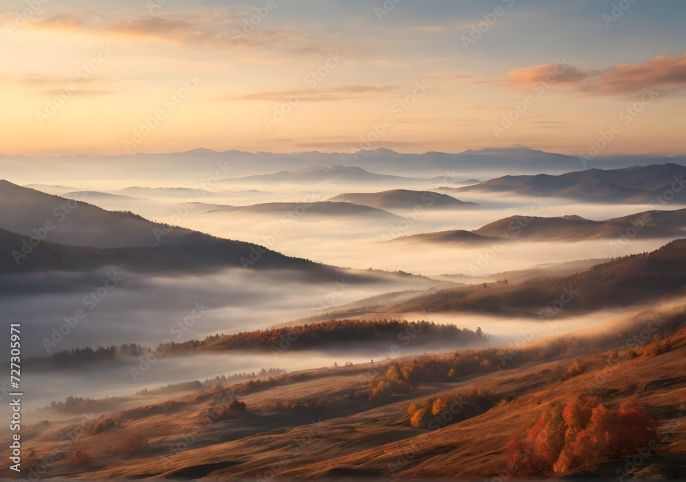 Majestic autumn scenery of foggy valley at mountain range at early morning sunrise. Beautiful tonal perspective.