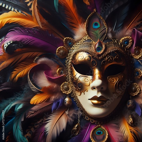 Máscara de carnaval com penas coloridas