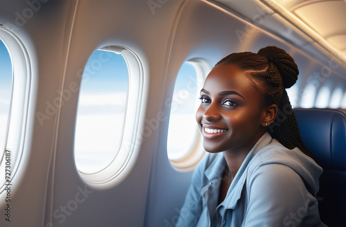 Young african american girl sitting in airplane near window. Beautiful african american woman traveler in airplane with happiness and relaxing