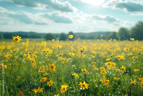 Sunny meadow with yellow flowers spring blossom background