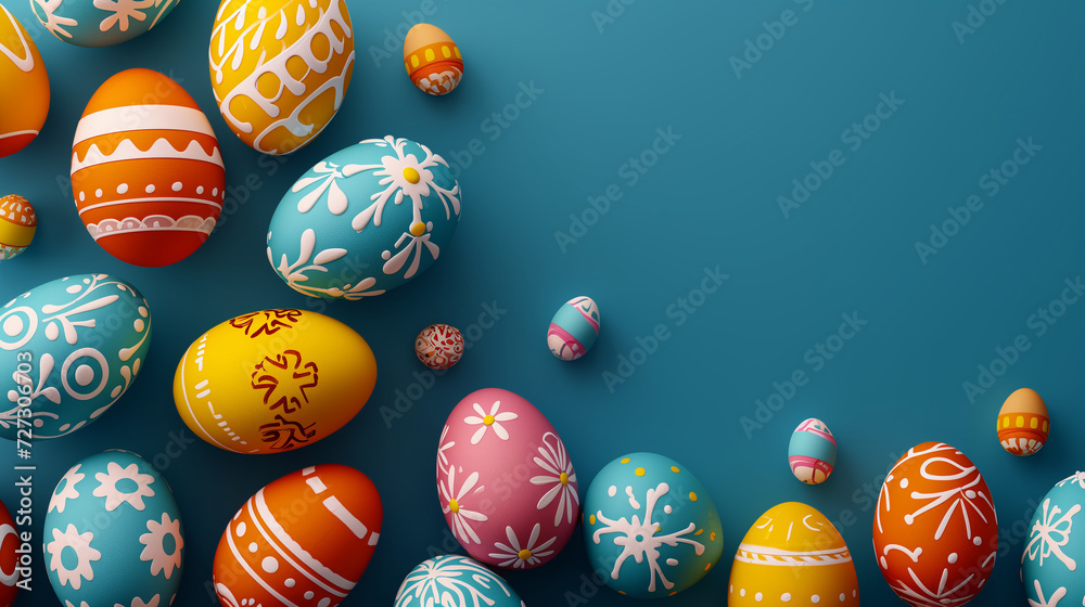 Bunch of Colourful Artistic Decorated Easter Eggs with Copy Space Top View Image. Easter 2024.