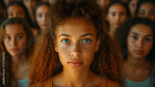 portrait of young woman tanding and looking at camera with straight face while crowds of men and women are whizzing around.