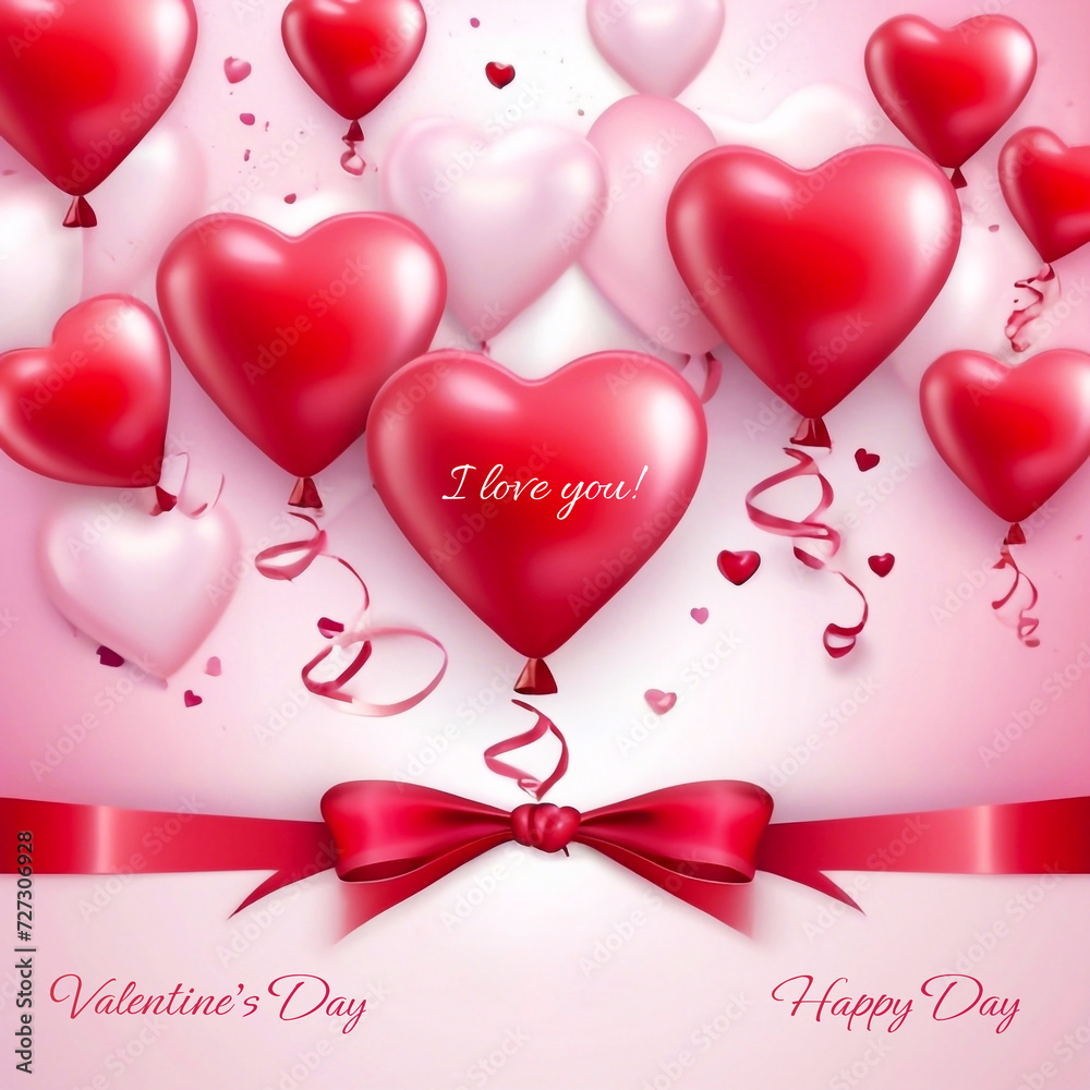 Beautiful cute Happy Valentines Day holiday greeting card design with balloons hearts 3d art banner
