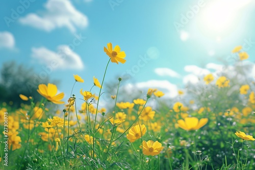 Sunny meadow with yellow flowers spring blossom background
