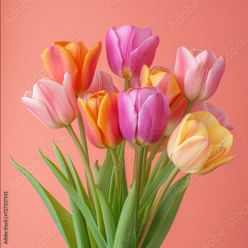 Radiant Springtime Elegance  Multicolored Tulip Arrangement against a Soft Coral Backdrop - High-Resolution Image Perfect for Floral Themes