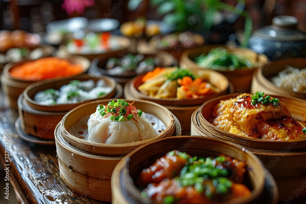 Traditional dim sum is laid out on plates with sauce for serving in a cafe or restaurant.
