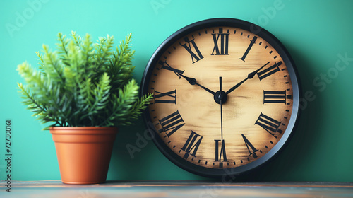 large wooden wall clock with Roman numerals beside a potted green plant, against a teal background photo