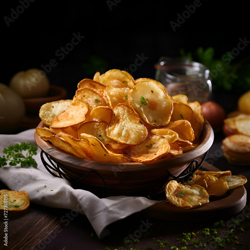 Montaña de patatas fritas doradas y crujientes, dispuestas de manera apetitosa en un plato. Cada pieza revela su textura tentadora y su tono dorado, sugiriendo el placer de cada bocado.