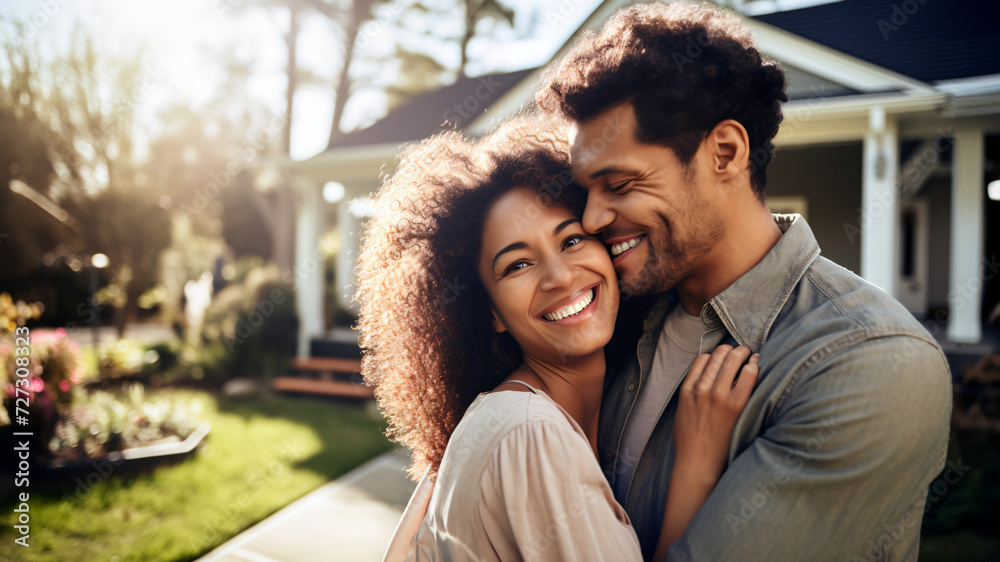 Mixed race marriage young husband and wife standing outdoors near new house they moved in hugging tender smiling cheerful in sunlight
Mixed race marriage young husband and wife standing outdoors near new house they moved in hugging tender smiling cheerful in sunlight