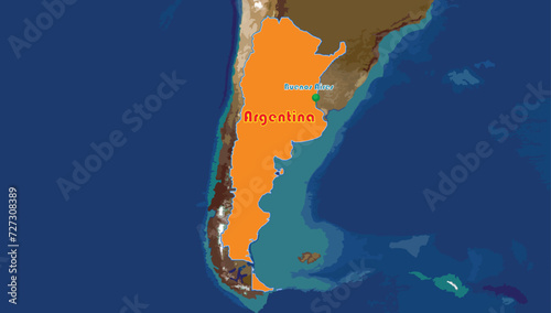 Argentine Republic map. It is famous for its football or soccer sport and the second largest country in South America, after Brazil. The capital is Bueno Aires. Tango dance is national heritage.  