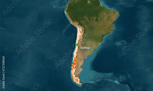Chile map on the world background. The country is an South America member, known for its long and thin shape. There is a 3D pushpin showing capital city of Santiago. It is famous for wine products