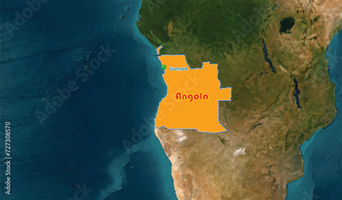 Republic of Angola map with a globe map background. The country is a Southern African member known for a labyrinthine systems of rivers and the Sub Sahara. A pushpin depicting Luanda, the capital city