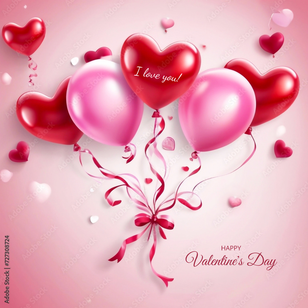 	
Beautiful cute Happy Valentines Day holiday card design banner design Hearts balloons 3d art poster
