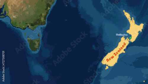 New Zealand country map and Wellington, its capital city on the world background. It is an island country in the southwestern Pacific Ocean. It is neither in Europe nor Asia. Famous with Maori culture