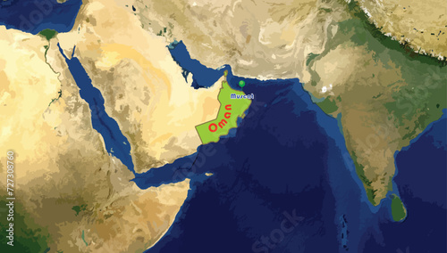 Sultanate of Oman country map and Muscat, its capital city on the world background. The Islamic country is famous for its ancient aflaj oases irrigation system. 