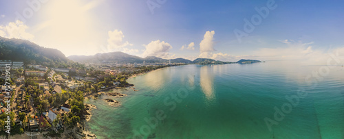 Panorama Patong Beach Popular places. afternoon light sky and blue ocean are on the back of white Phuket sea is the one of landmarks on Phuket island Thailand. photo
