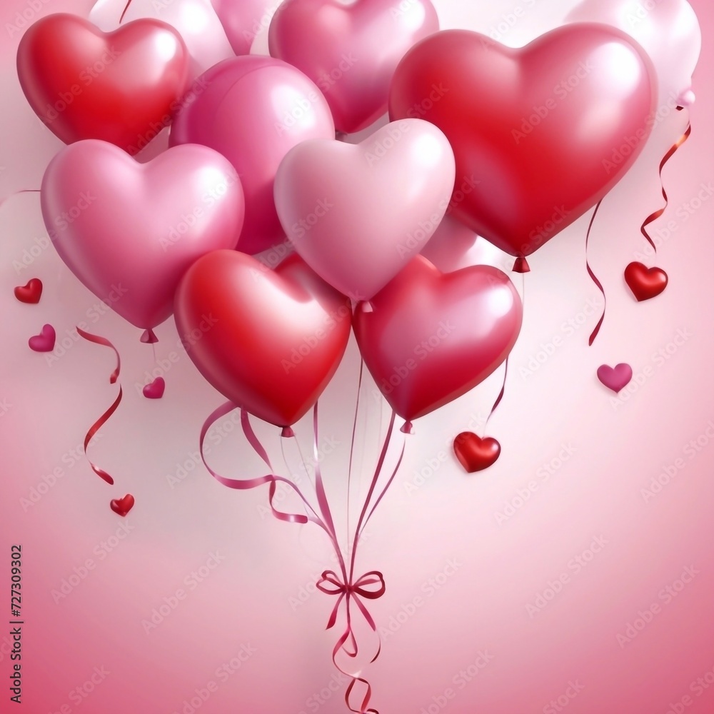 Beautiful cute Happy Valentines Day holiday card banner template design Heart balloons 3d art poster