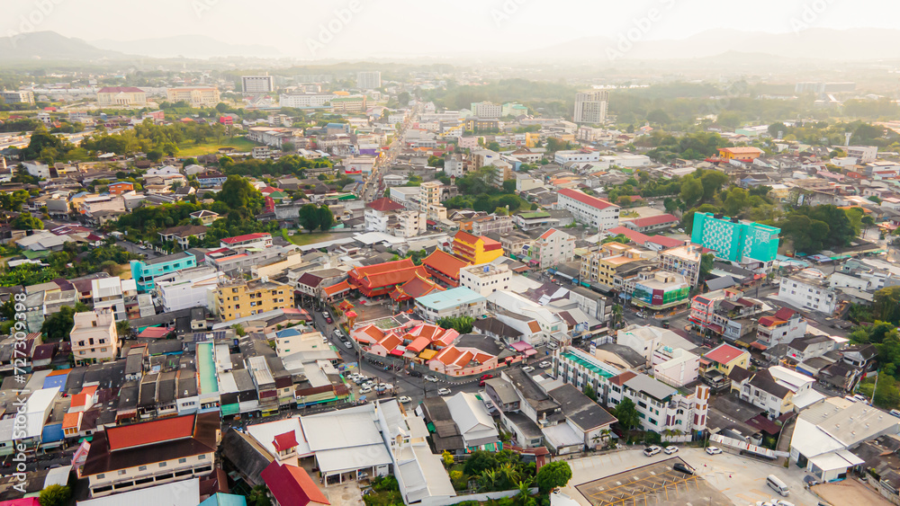 Aerial view, drone flying over Phuket city, Thailand. Drone over SinoPortugyese It's a Sunday in Phuket and tourists go shopping on the old streets filled with local merchants selling food and clothes